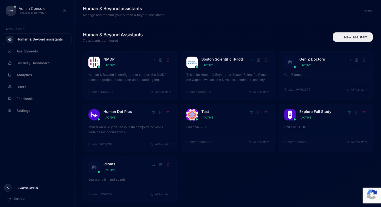 Human and Beyond admin dashboard — web app development project Colombia